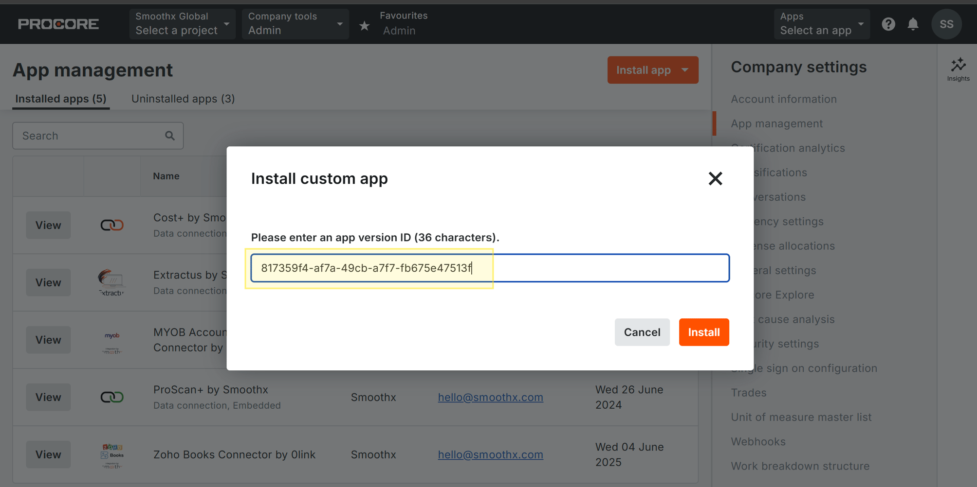 Procore - Install Smoothx Integration App